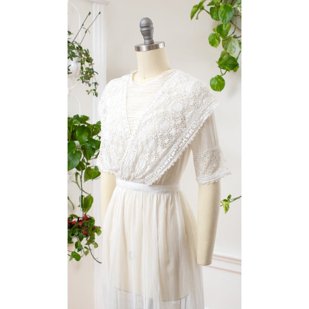 Antique Edwardian 1910s White Cotton Lace Dress Tea Lawn Vintage Wedding Gown - Picture 5 of 8